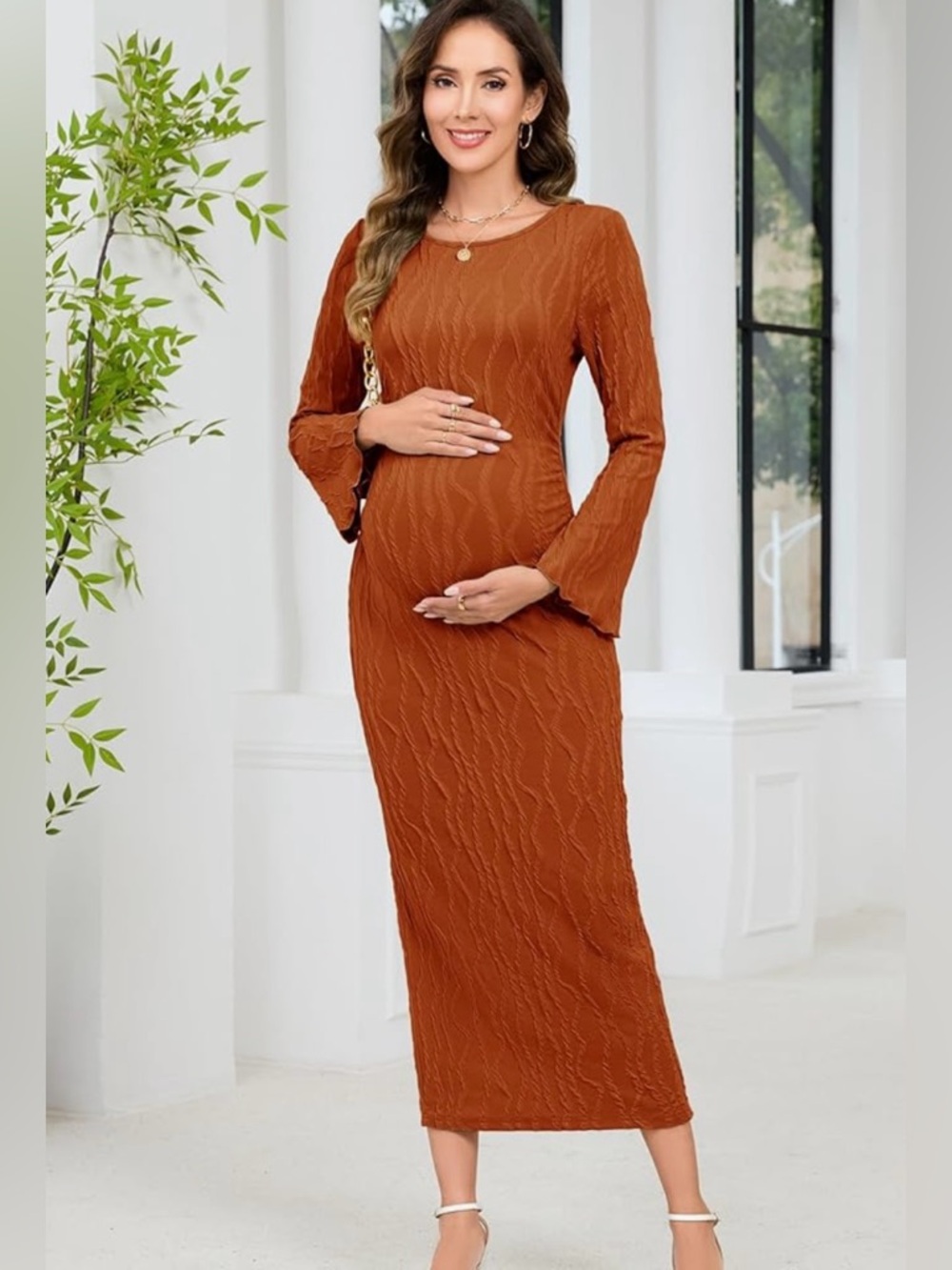 NWT Rust Long Sleeve Maternity Maxi Ruched ribbed knit Dress with slit